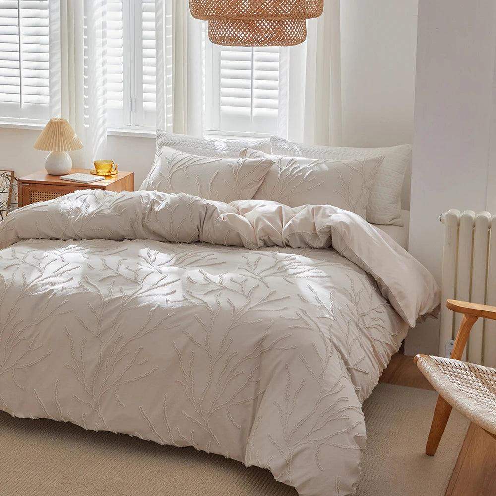 Modern Boho Beige Soft Tufted Bedding Set │ Tree Branch Design Bed Duvet cover Pillow case - Besontique Home