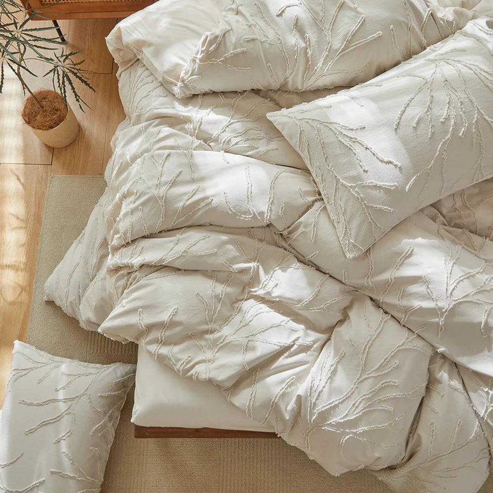 Modern Boho Beige Soft Tufted Bedding Set │ Tree Branch Design Bed Duvet cover Pillow case - Besontique Home