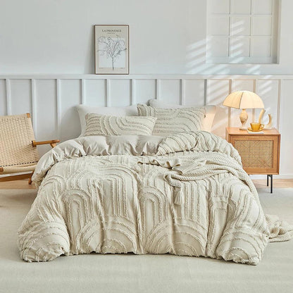 Modern Boho Cut flower Tufted Bedding Set │ Light Beige Soft Bed Duvet cover Pillow case - Besontique Home