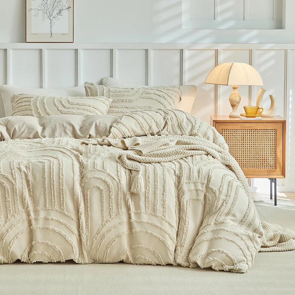 Modern Boho Cut flower Tufted Bedding Set │ Light Beige Soft Bed Duvet cover Pillow case - Besontique Home