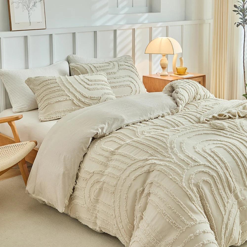 Modern Boho Cut flower Tufted Bedding Set │ Light Beige Soft Bed Duvet cover Pillow case - Besontique Home