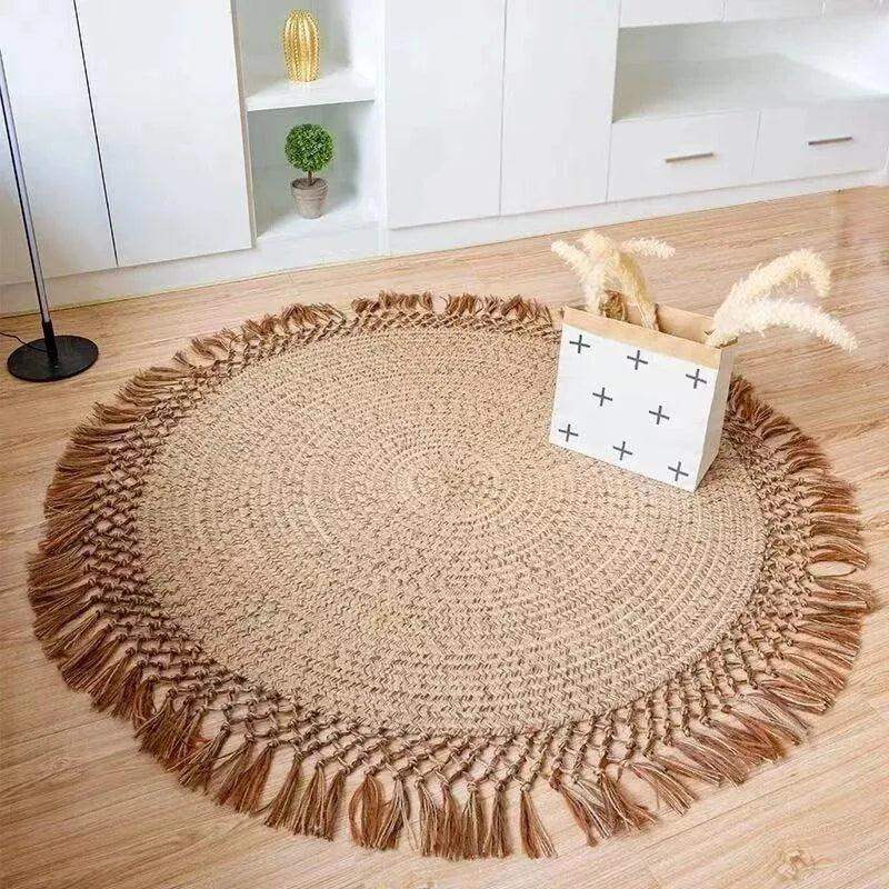 Modern Boho Jute Woven Carpet │ Weave Round Rugs Hand Knotted Tassel Carpet - Besontique Home