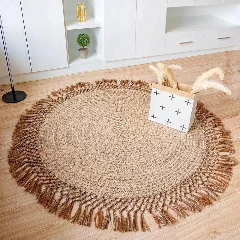 Modern Boho Jute Woven Carpet │ Weave Round Rugs Hand Knotted Tassel Carpet - Besontique Home