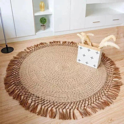 Modern Boho Jute Woven Carpet │ Weave Round Rugs Hand Knotted Tassel Carpet - Besontique Home