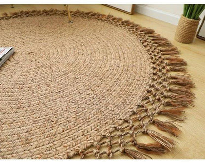 Modern Boho Jute Woven Carpet │ Weave Round Rugs Hand Knotted Tassel Carpet - Besontique Home