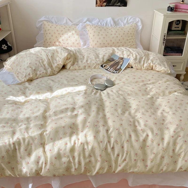 Modern Boho Princess Floral Washed Cotton Bedding Set │ Vintage French Lace Bed Duvet cover Pillow case - Besontique Home