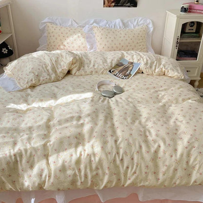 Modern Boho Princess Floral Washed Cotton Bedding Set │ Vintage French Lace Bed Duvet cover Pillow case - Besontique Home
