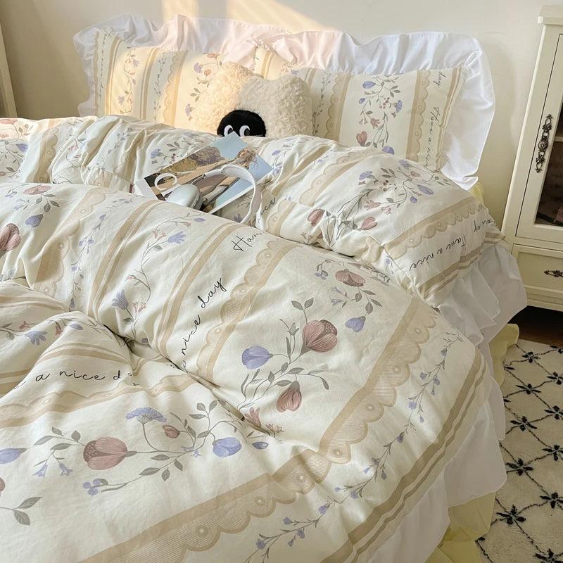 Modern Boho Princess Floral Washed Cotton Bedding Set │ Vintage French Lace Bed Duvet cover Pillow case - Besontique Home