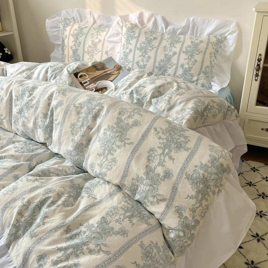 Modern Boho Princess Floral Washed Cotton Bedding Set │ Vintage French Lace Bed Duvet cover Pillow case - Besontique Home