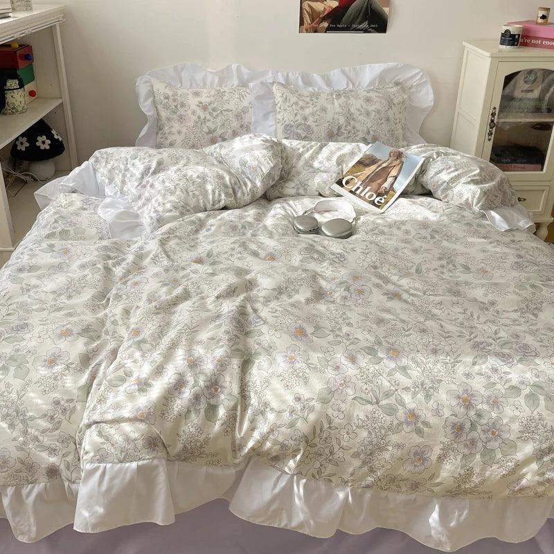 Modern Boho Princess Floral Washed Cotton Bedding Set │ Vintage French Lace Bed Duvet cover Pillow case - Besontique Home