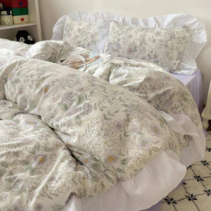 Modern Boho Princess Floral Washed Cotton Bedding Set │ Vintage French Lace Bed Duvet cover Pillow case - Besontique Home