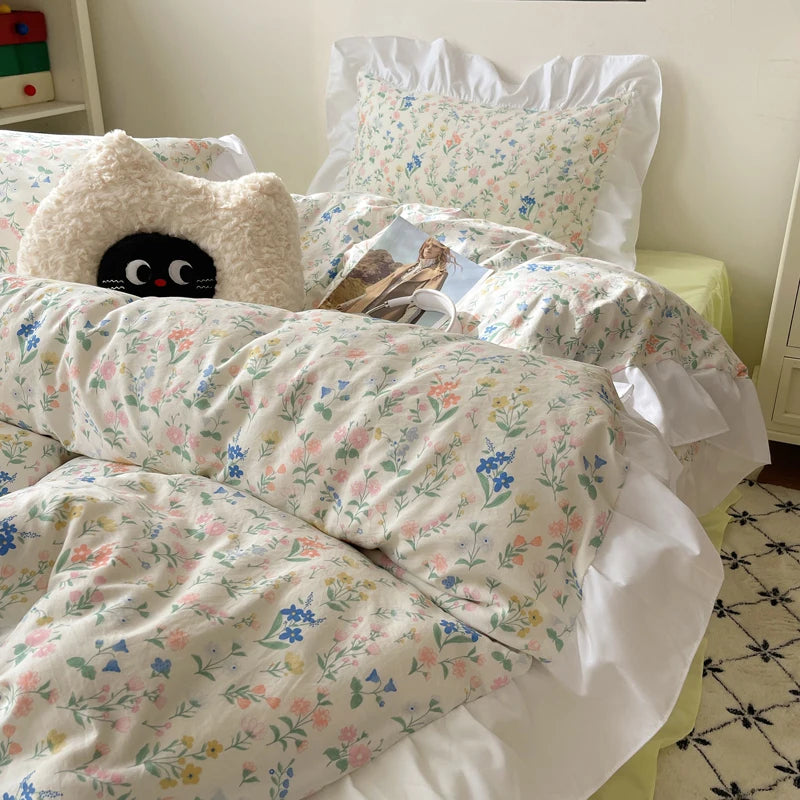 Modern Boho Princess Floral Washed Cotton Bedding Set │ Vintage French Lace Bed Duvet cover Pillow case - Besontique Home