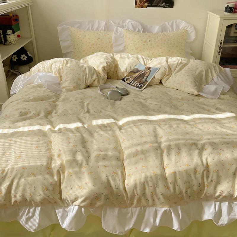 Modern Boho Princess Floral Washed Cotton Bedding Set │ Vintage French Lace Bed Duvet cover Pillow case - Besontique Home