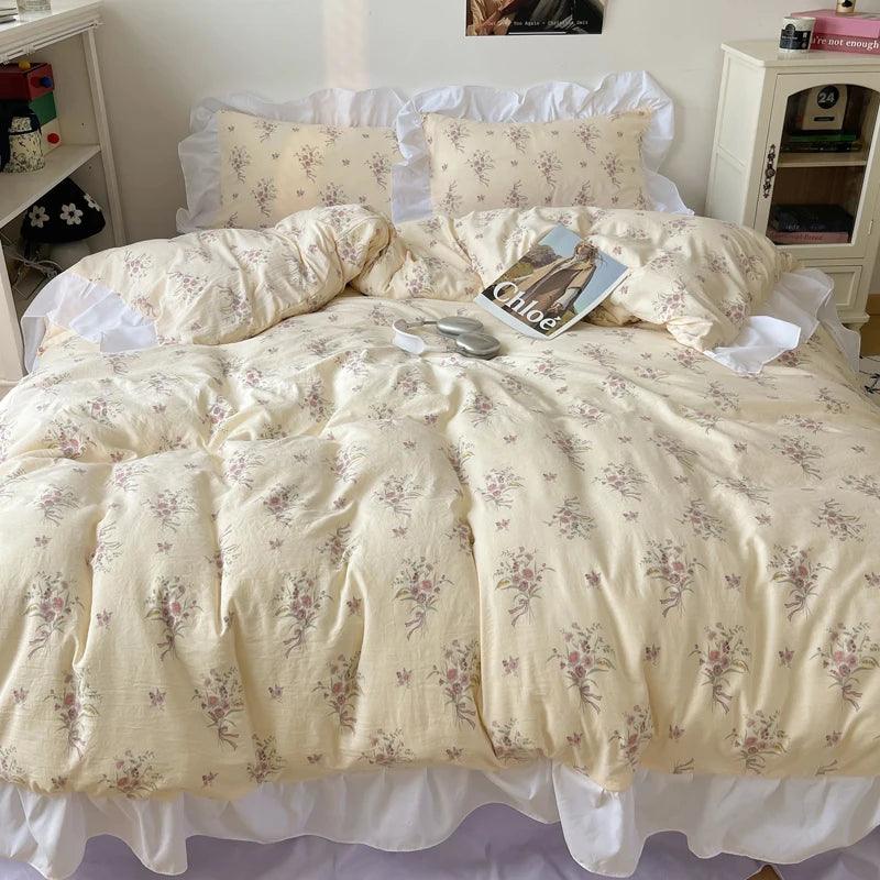 Modern Boho Princess Floral Washed Cotton Bedding Set │ Vintage French Lace Bed Duvet cover Pillow case - Besontique Home