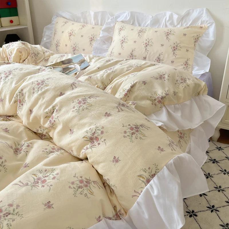 Modern Boho Princess Floral Washed Cotton Bedding Set │ Vintage French Lace Bed Duvet cover Pillow case - Besontique Home