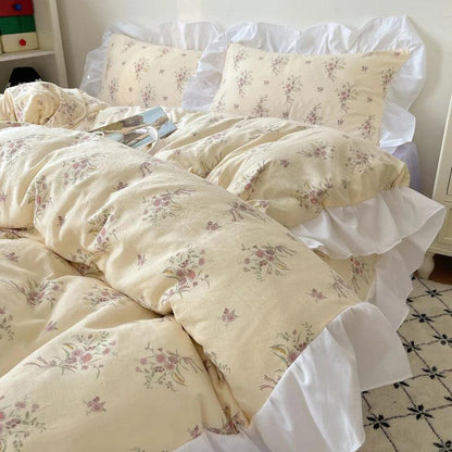 Modern Boho Princess Floral Washed Cotton Bedding Set │ Vintage French Lace Bed Duvet cover Pillow case - Besontique Home