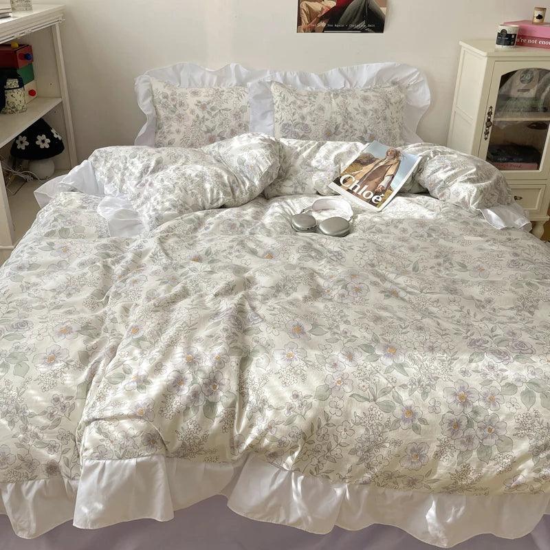 Modern Boho Princess Floral Washed Cotton Bedding Set │ Vintage French Lace Bed Duvet cover Pillow case - Besontique Home