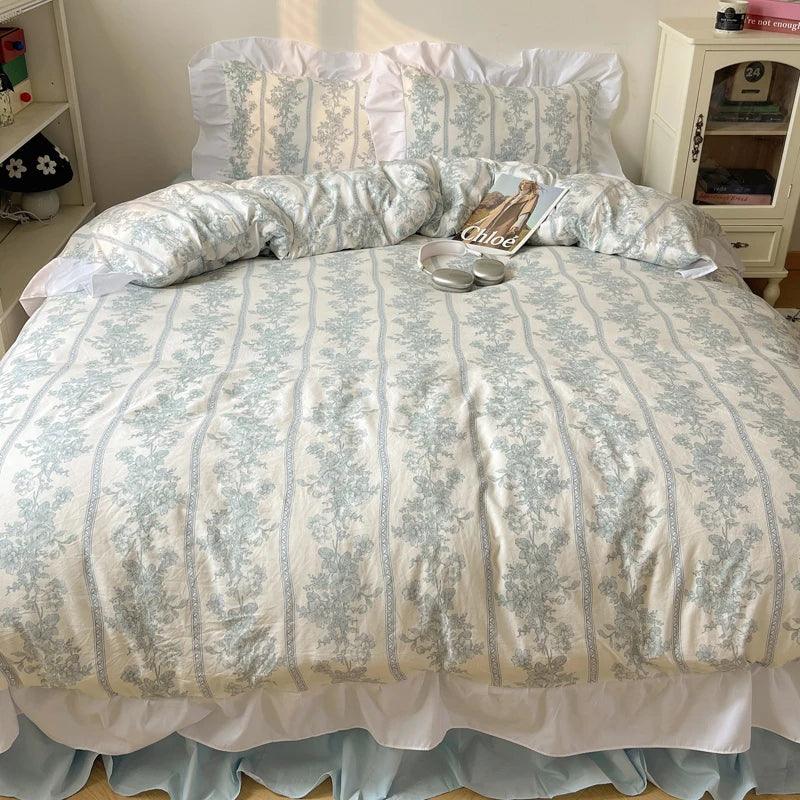 Modern Boho Princess Floral Washed Cotton Bedding Set │ Vintage French Lace Bed Duvet cover Pillow case - Besontique Home