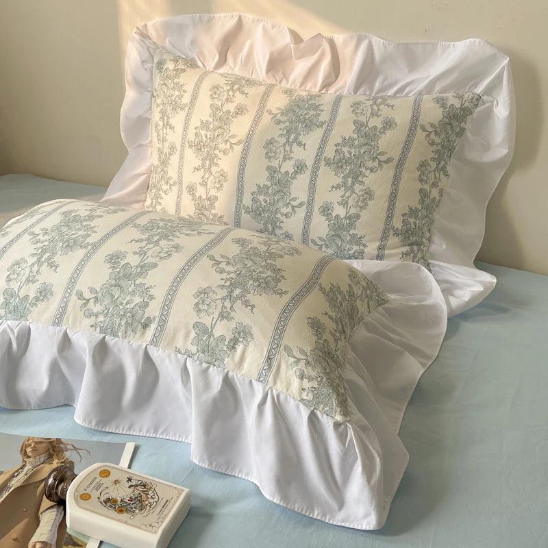Modern Boho Princess Floral Washed Cotton Bedding Set │ Vintage French Lace Bed Duvet cover Pillow case - Besontique Home
