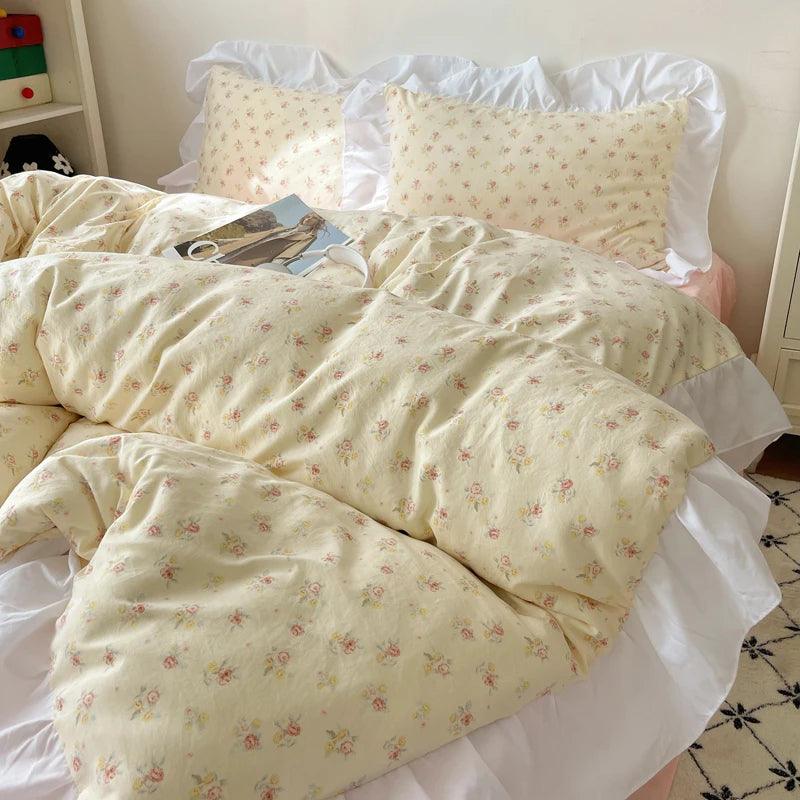 Modern Boho Princess Floral Washed Cotton Bedding Set │ Vintage French Lace Bed Duvet cover Pillow case - Besontique Home