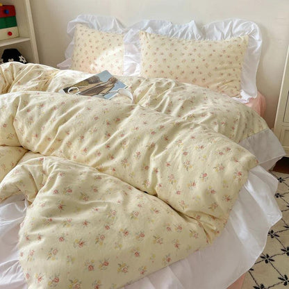 Modern Boho Princess Floral Washed Cotton Bedding Set │ Vintage French Lace Bed Duvet cover Pillow case - Besontique Home