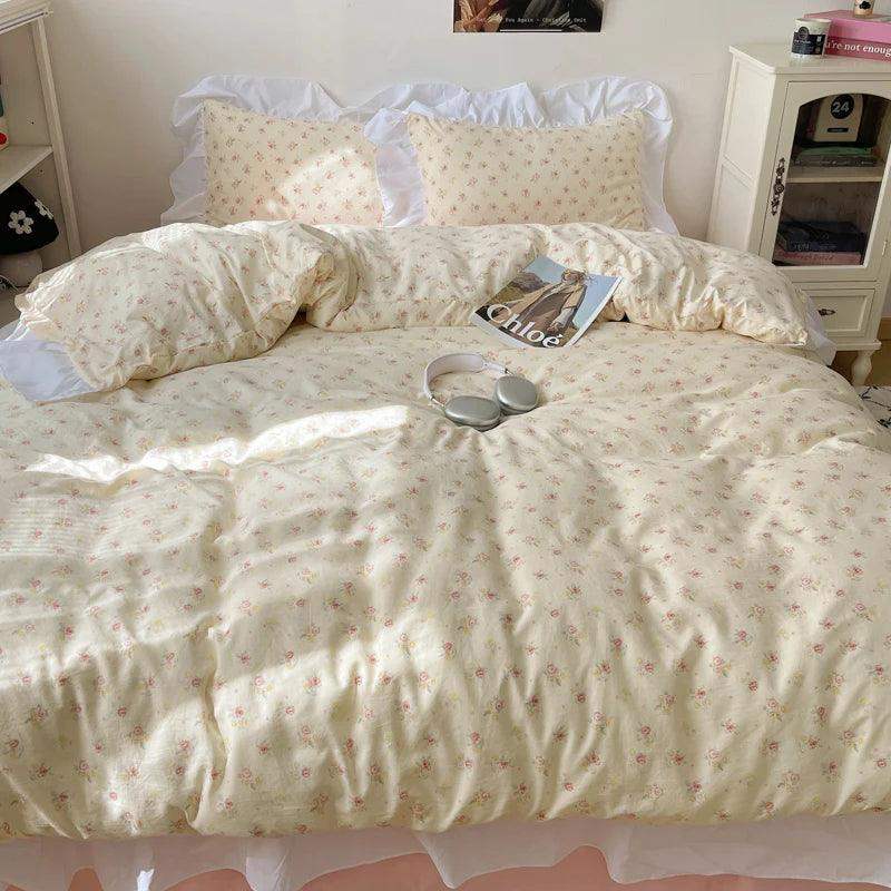 Modern Boho Princess Floral Washed Cotton Bedding Set │ Vintage French Lace Bed Duvet cover Pillow case - Besontique Home