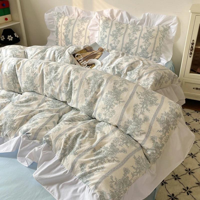 Modern Boho Princess Floral Washed Cotton Bedding Set │ Vintage French Lace Bed Duvet cover Pillow case - Besontique Home