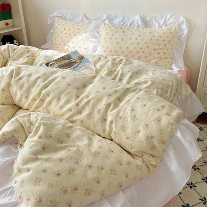 Modern Boho Princess Floral Washed Cotton Bedding Set │ Vintage French Lace Bed Duvet cover Pillow case - Besontique Home