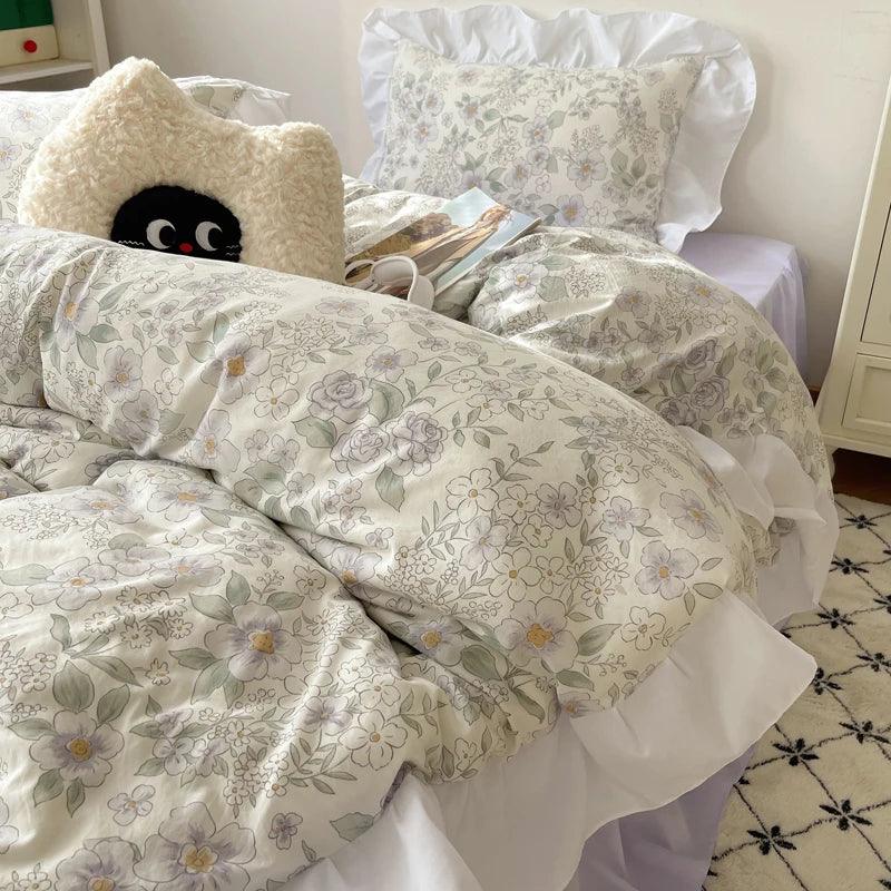 Modern Boho Princess Floral Washed Cotton Bedding Set │ Vintage French Lace Bed Duvet cover Pillow case - Besontique Home
