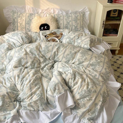 Modern Boho Princess Floral Washed Cotton Bedding Set │ Vintage French Lace Bed Duvet cover Pillow case - Besontique Home