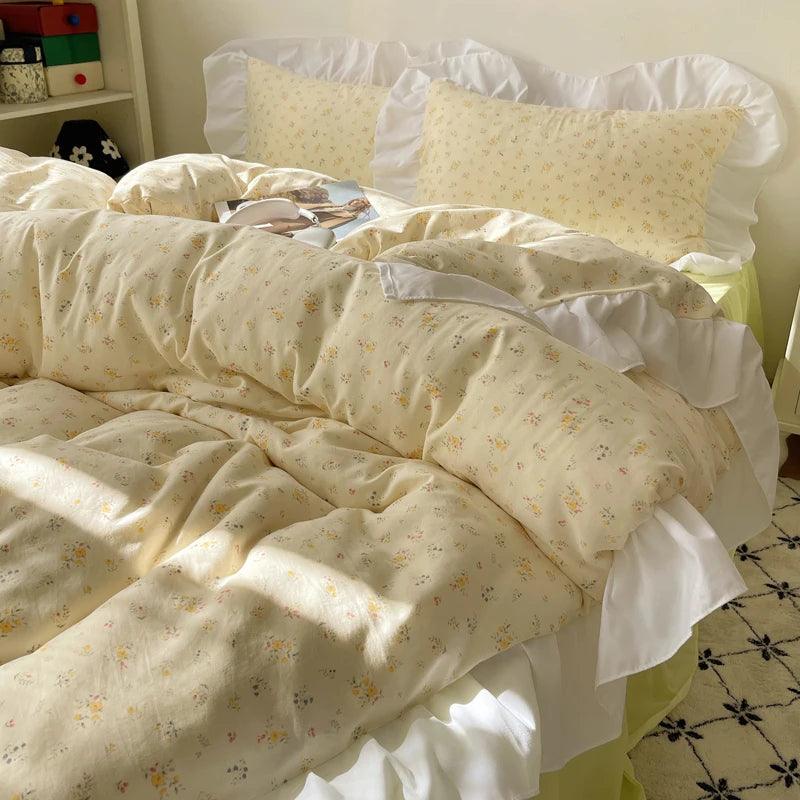 Modern Boho Princess Floral Washed Cotton Bedding Set │ Vintage French Lace Bed Duvet cover Pillow case - Besontique Home