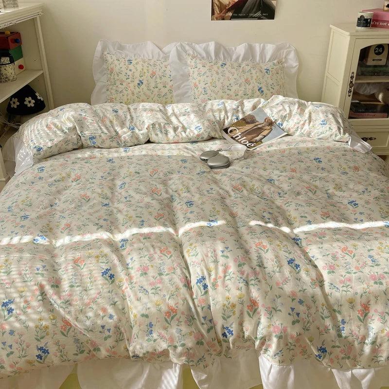 Modern Boho Princess Floral Washed Cotton Bedding Set │ Vintage French Lace Bed Duvet cover Pillow case - Besontique Home