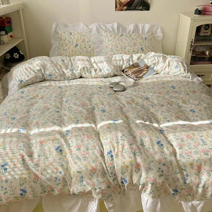 Modern Boho Princess Floral Washed Cotton Bedding Set │ Vintage French Lace Bed Duvet cover Pillow case - Besontique Home