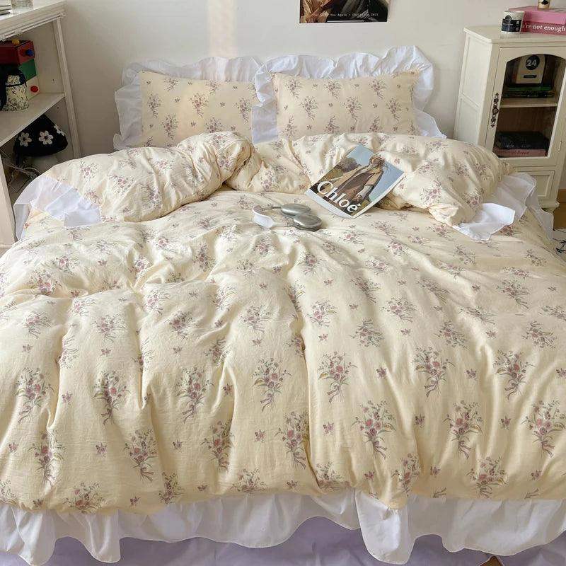 Modern Boho Princess Floral Washed Cotton Bedding Set │ Vintage French Lace Bed Duvet cover Pillow case - Besontique Home