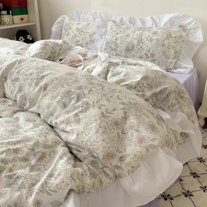 Modern Boho Princess Floral Washed Cotton Bedding Set │ Vintage French Lace Bed Duvet cover Pillow case - Besontique Home