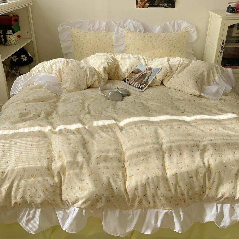 Modern Boho Princess Floral Washed Cotton Bedding Set │ Vintage French Lace Bed Duvet cover Pillow case - Besontique Home