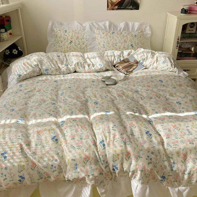 Modern Boho Princess Floral Washed Cotton Bedding Set │ Vintage French Lace Bed Duvet cover Pillow case - Besontique Home