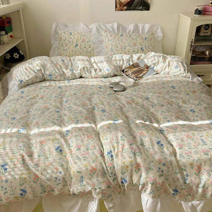 Modern Boho Princess Floral Washed Cotton Bedding Set │ Vintage French Lace Bed Duvet cover Pillow case - Besontique Home