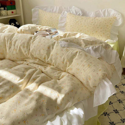 Modern Boho Princess Floral Washed Cotton Bedding Set │ Vintage French Lace Bed Duvet cover Pillow case - Besontique Home