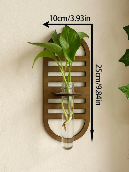 Modern Boho Wood Wall Mounted Hanging Vase │ Hydroponic Transparent Glass Tube Plant Holder - Besontique