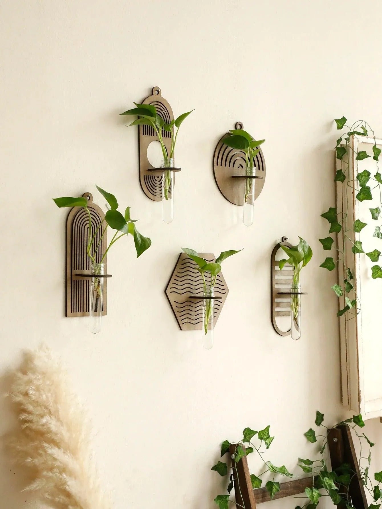 Modern Boho Wood Wall Mounted Hanging Vase │ Hydroponic Transparent Glass Tube Plant Holder - Besontique