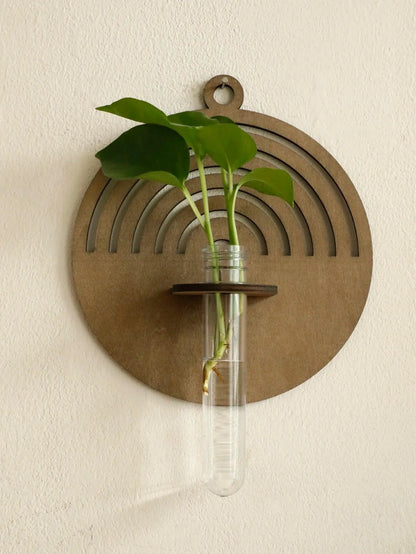 Modern Boho Wood Wall Mounted Hanging Vase │ Hydroponic Transparent Glass Tube Plant Holder - Besontique