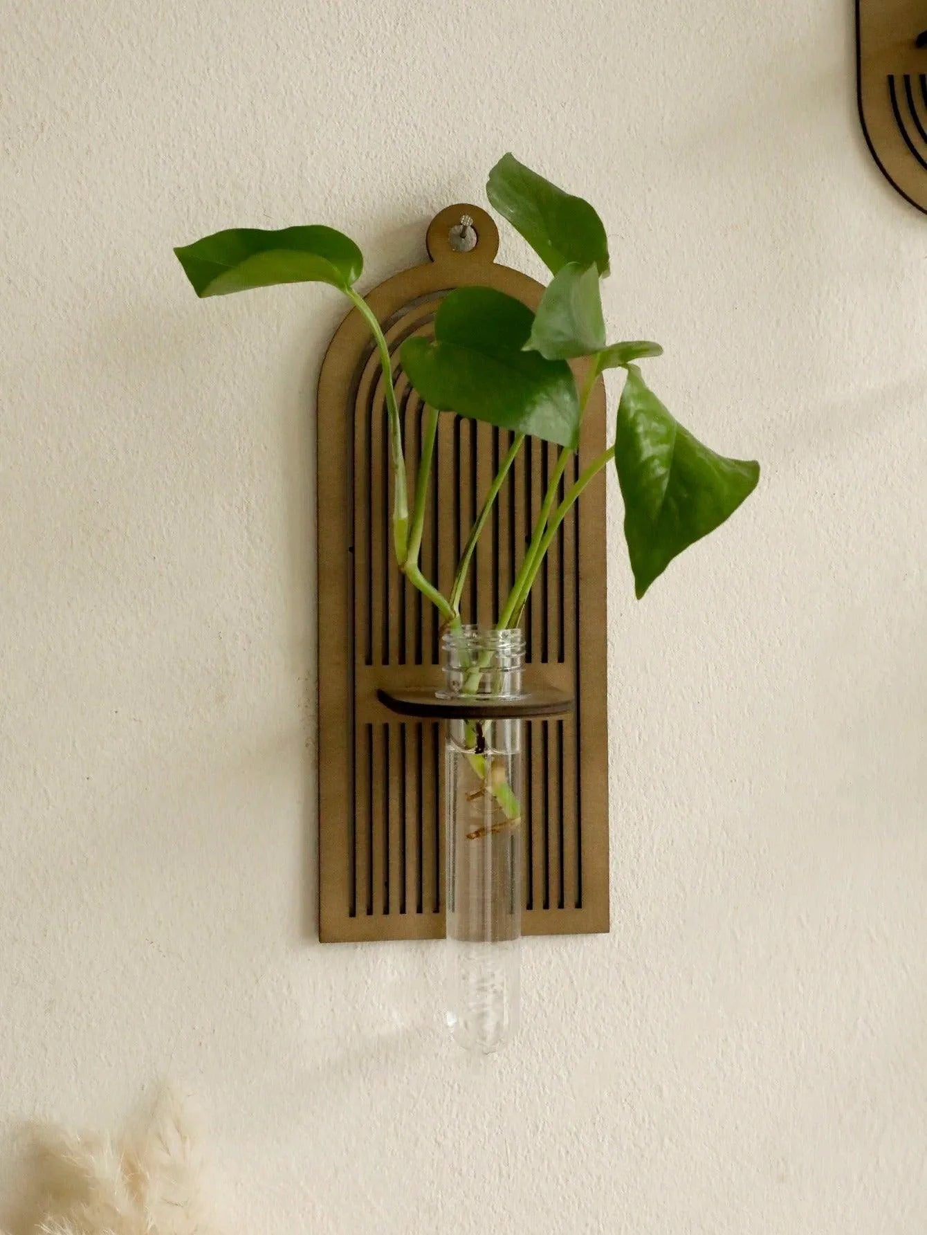 Modern Boho Wood Wall Mounted Hanging Vase │ Hydroponic Transparent Glass Tube Plant Holder - Besontique