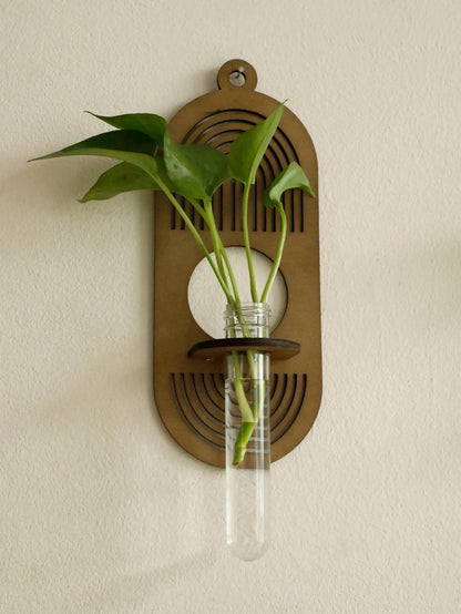 Modern Boho Wood Wall Mounted Hanging Vase │ Hydroponic Transparent Glass Tube Plant Holder - Besontique