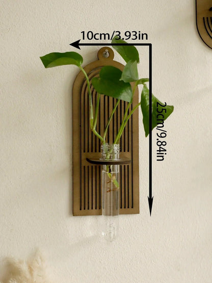 Modern Boho Wood Wall Mounted Hanging Vase │ Hydroponic Transparent Glass Tube Plant Holder - Besontique