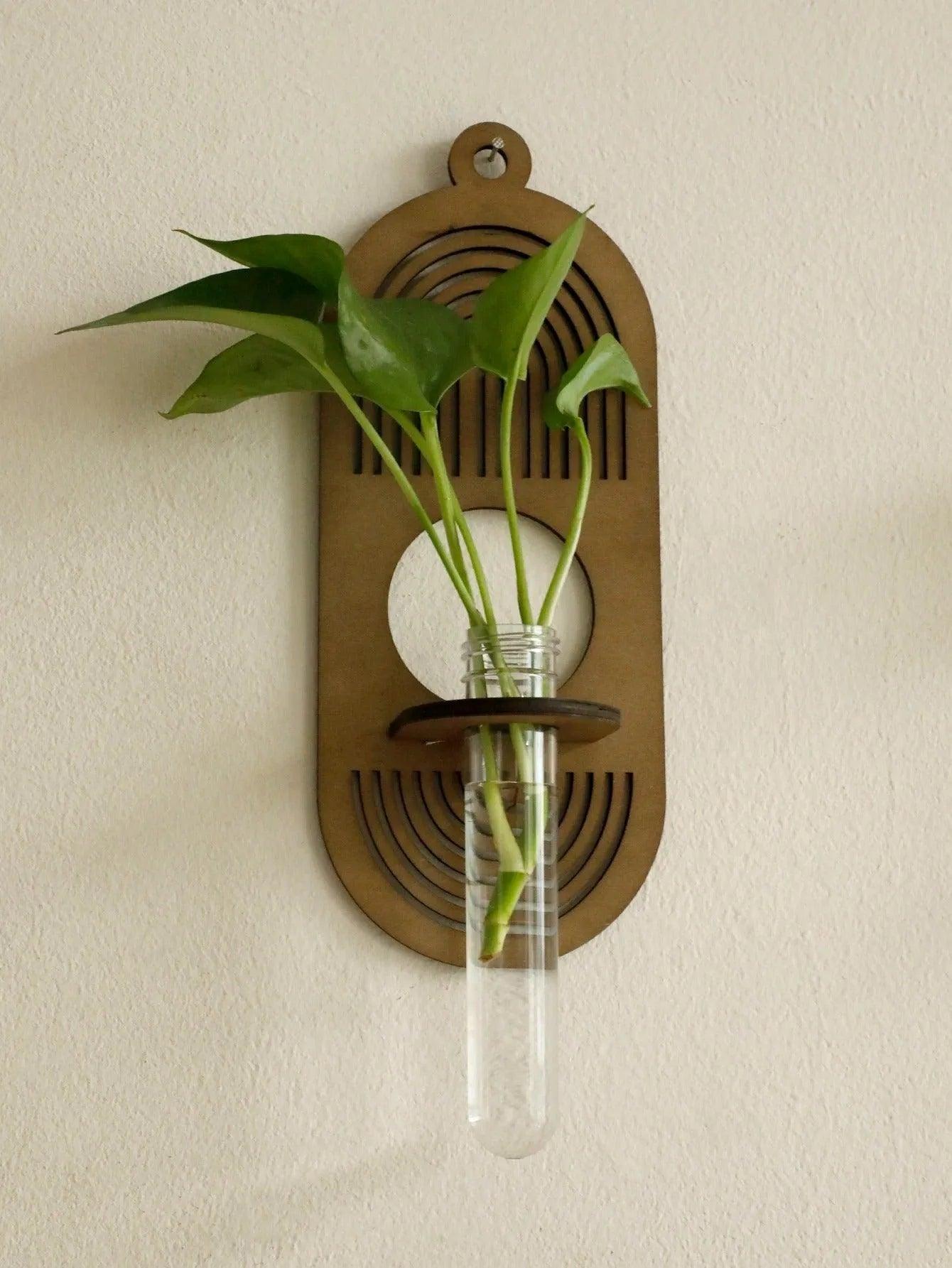 Modern Boho Wood Wall Mounted Hanging Vase │ Hydroponic Transparent Glass Tube Plant Holder - Besontique Home
