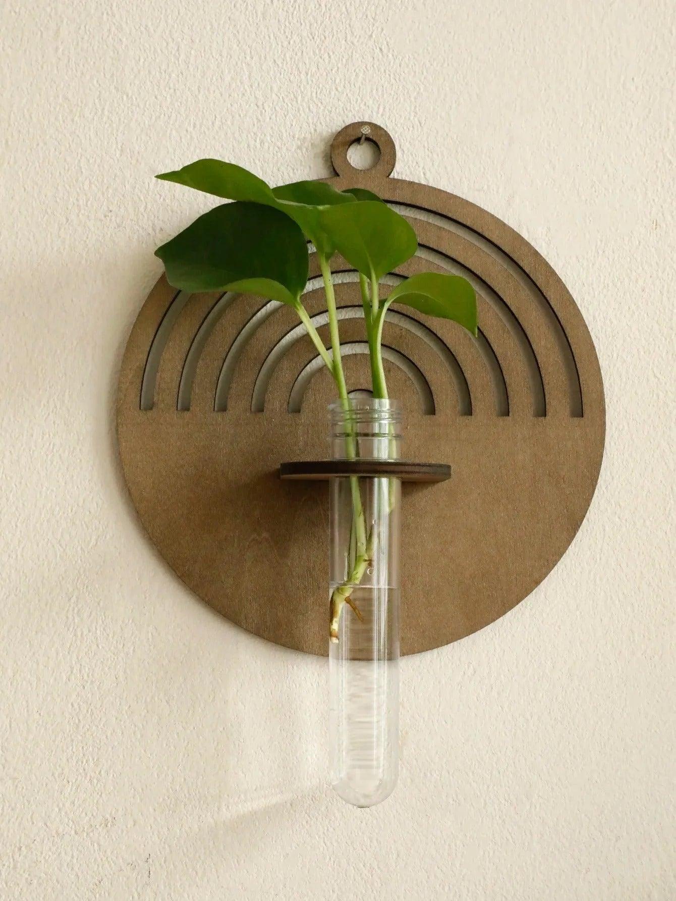 Modern Boho Wood Wall Mounted Hanging Vase │ Hydroponic Transparent Glass Tube Plant Holder - Besontique Home