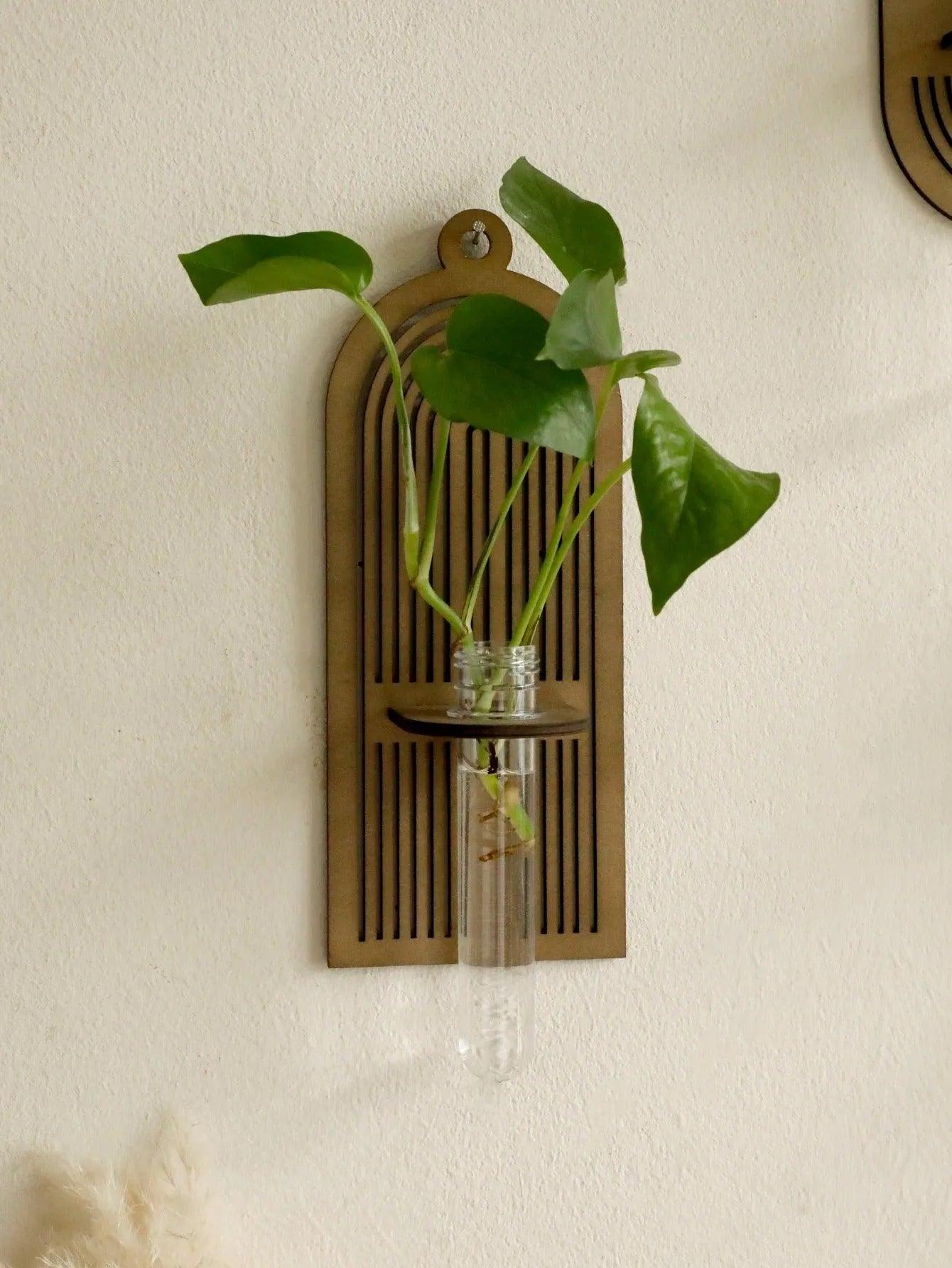 Modern Boho Wood Wall Mounted Hanging Vase │ Hydroponic Transparent Glass Tube Plant Holder - Besontique Home