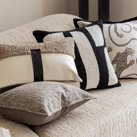 Modern Jacquard Embroidered Cushion Cover │ Geometric Beige Black Luxury Design Throw Pillow Covers - Besontique Home
