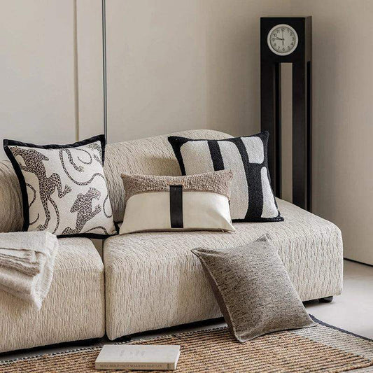 Modern Jacquard Embroidered Cushion Cover │ Geometric Beige Black Luxury Design Throw Pillow Covers - Besontique Home